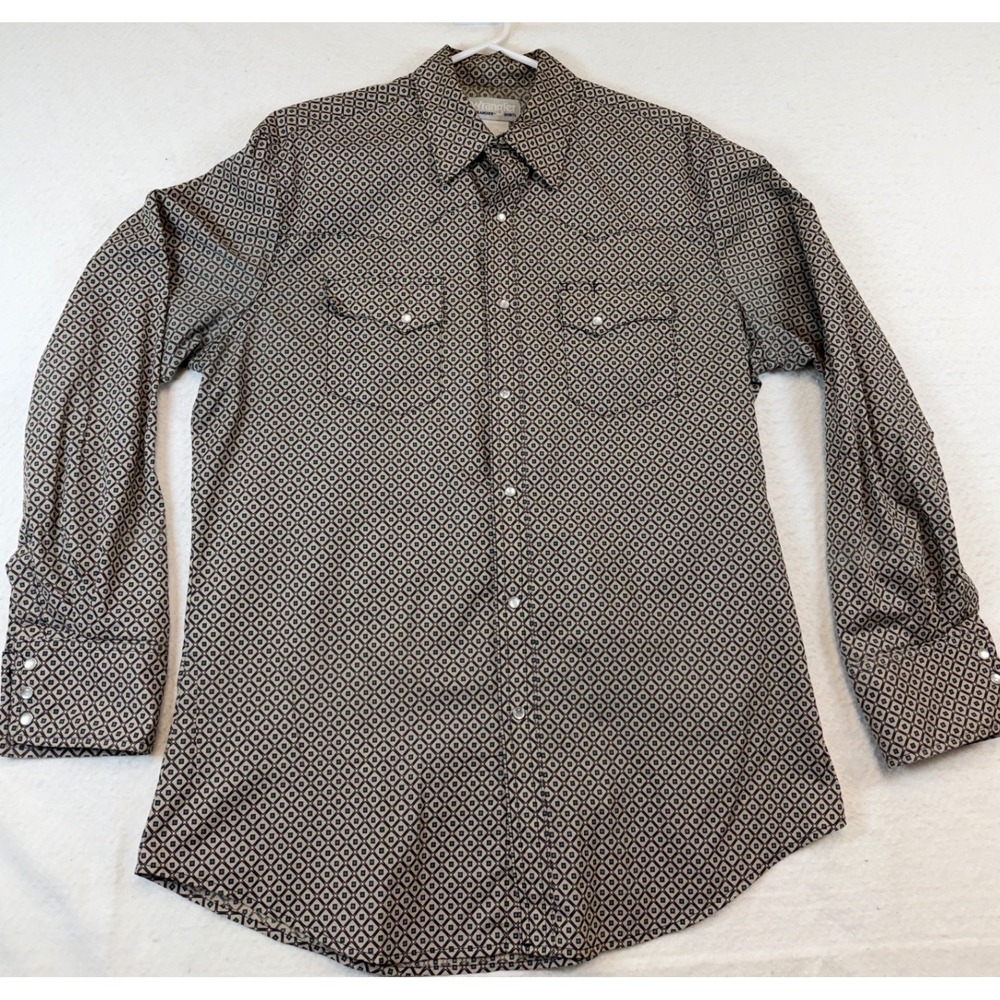 Wrangler Wrancher Mens Shirt Western Pearl Snap Shirt Geometric Diamond Tan XL